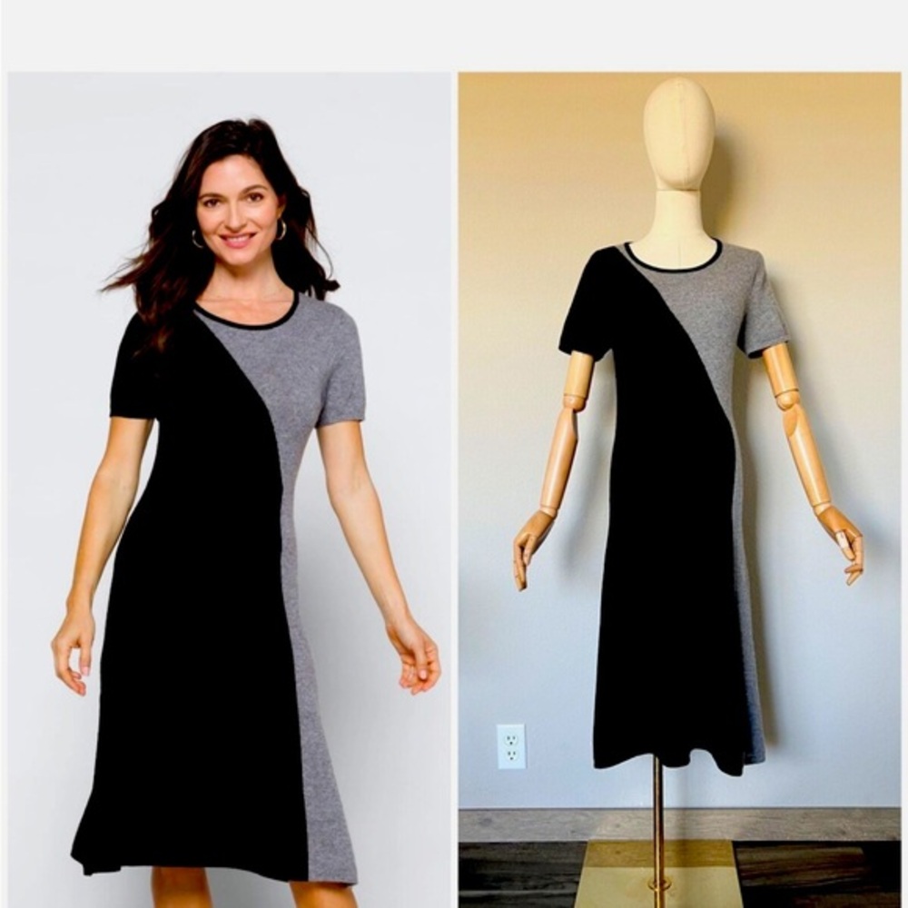 LUSSO CASHMERE Size Medium Sweater Dress Black Gray Colorblock Cashmere A-Line